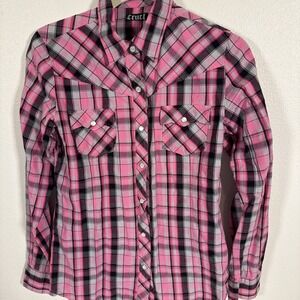 Cruel Girl Women's Med Plaid Snap Western Pink Black L/S N1